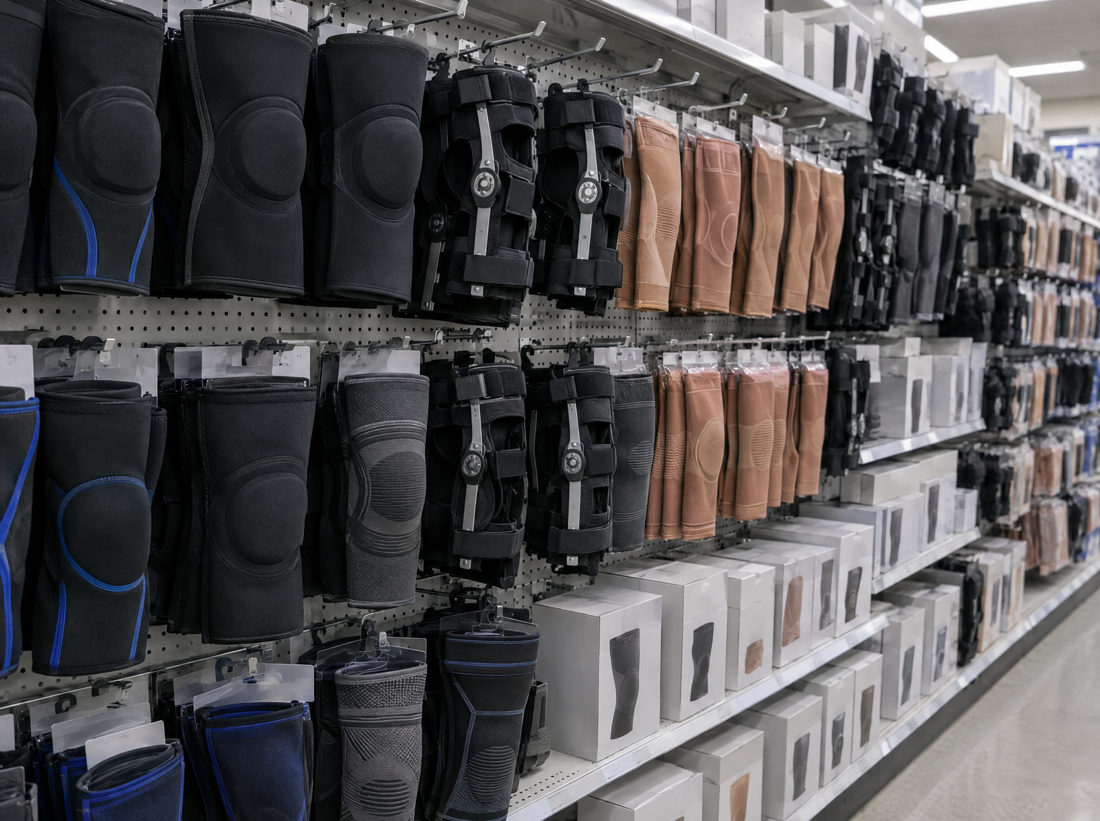 A drugstore wall full of knee braces and sleeves