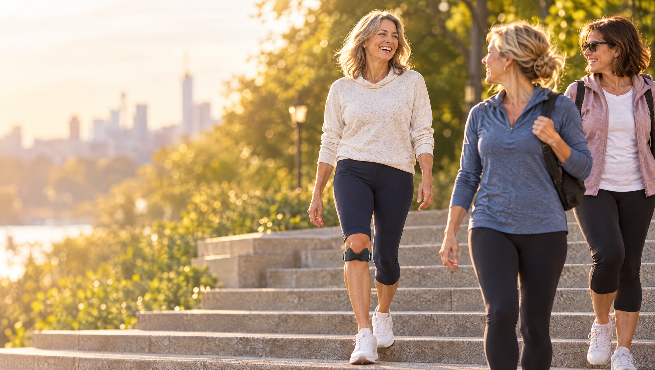 Woman walking down park steps with friends, wearing Unbrace One below her knee