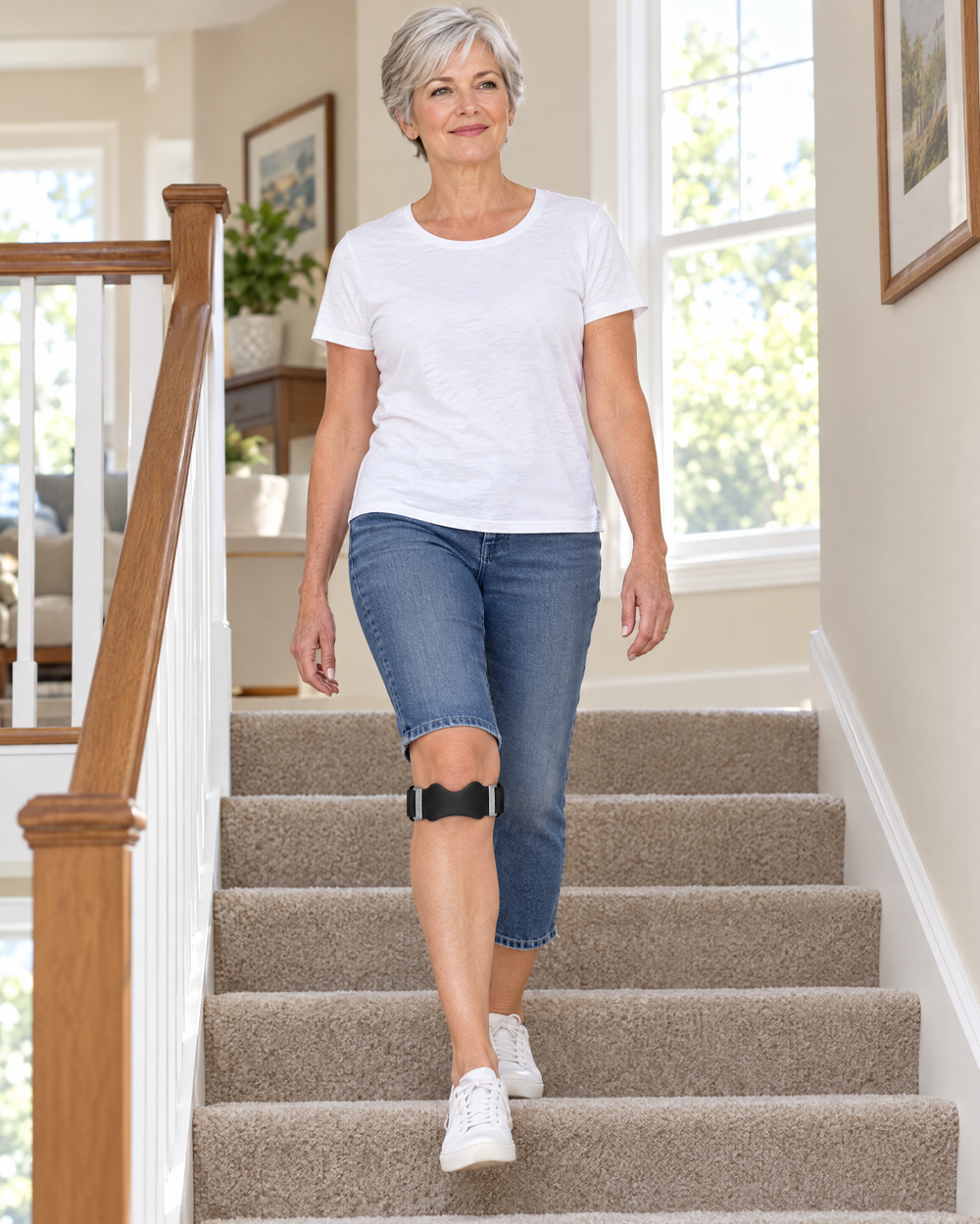 Walking down the stairs hands-free wearing Unbrace One