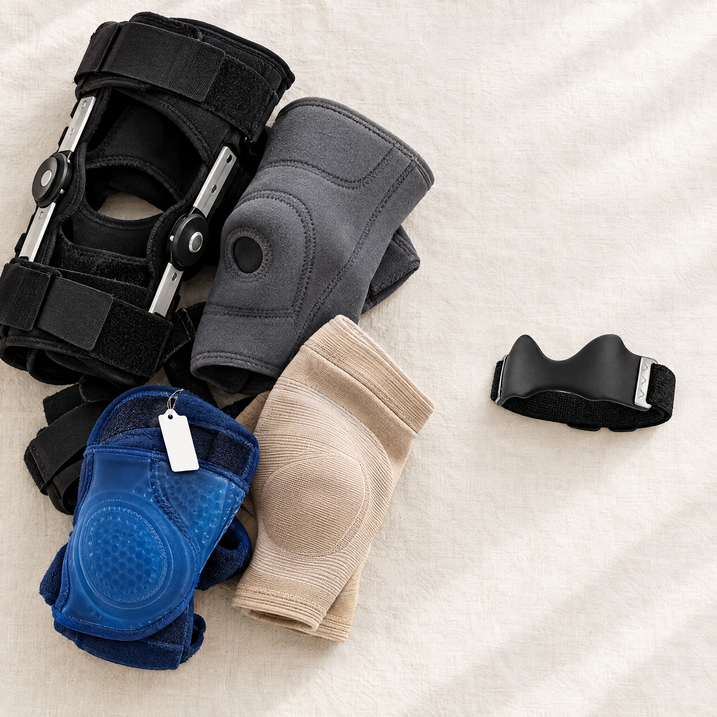 Bulky knee braces next to one Unbrace One strap